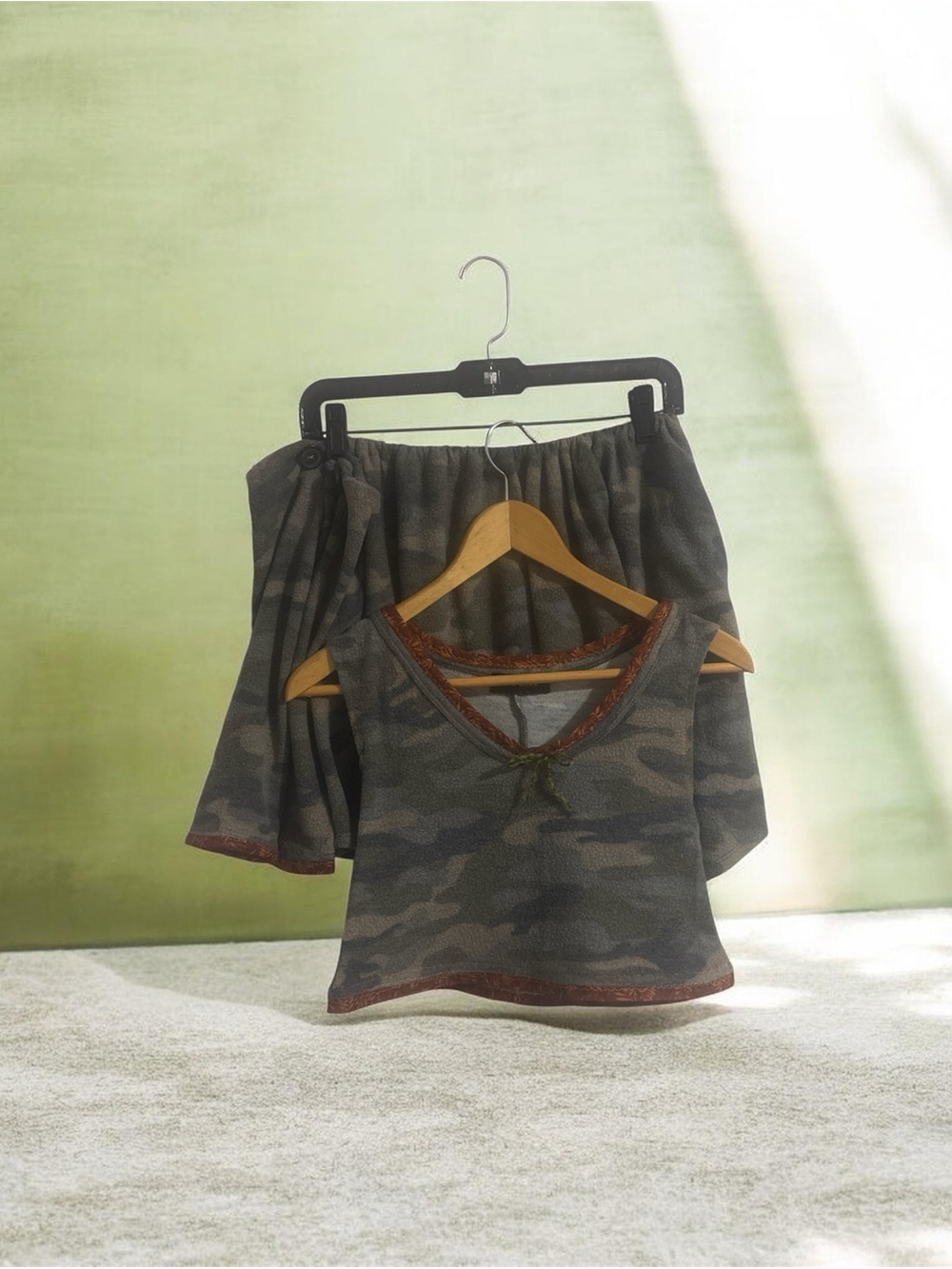 Women’s Mini Skirt in Camouflage Green and tank top with arm warmers handmade